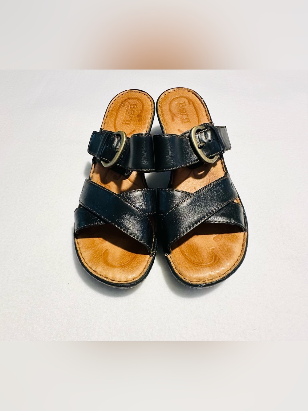 Born Salima Strappy Wedge Black Leather Buckle Slide Sandals